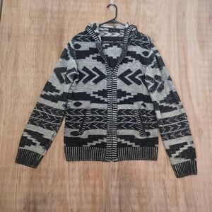 21 Men Southwestern Tribal Full Zip Hooded Cardigan Sweater Black XL